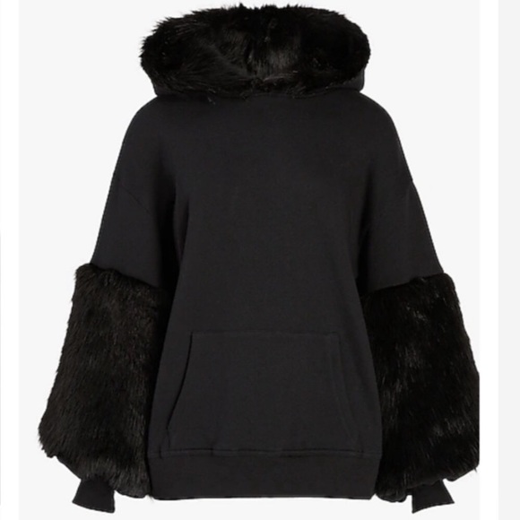 Express Tops - Express Oversized Faux Fur Black Hoodie Pullover Sweater Womens Small